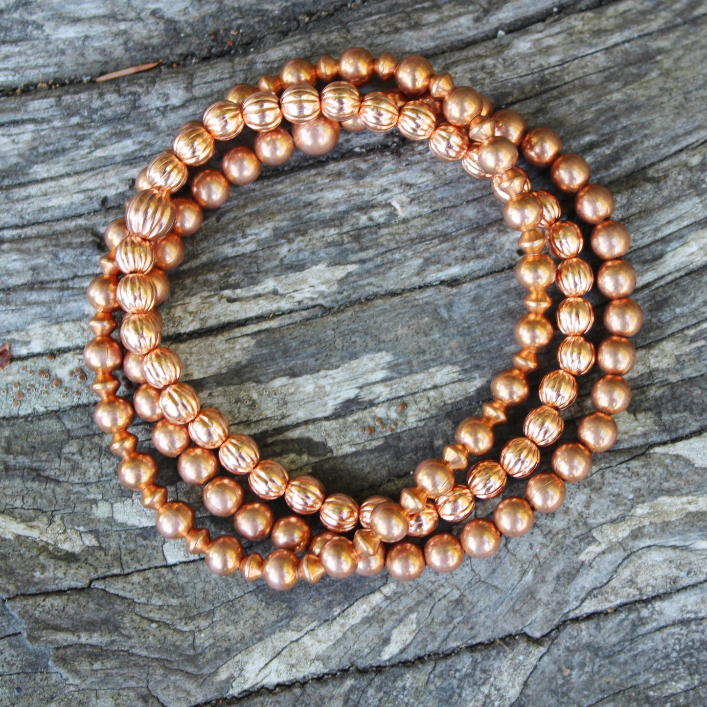 Copper Beaded Ankle Bracelet Easy Stretch Elastic Anklet Shiny Pure Copper 6mm Round Fluted Beads
