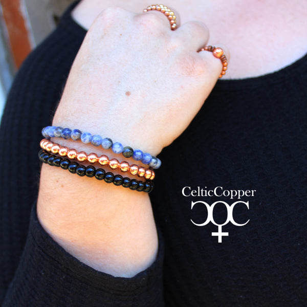 Blue Spot Jasper Copper Bracelet Set Round Beaded Elastic Black Agate Copper Bracelets 3 Piece Set