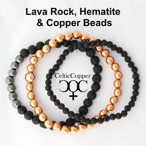 Lava Rock Copper Bracelet Set Round Beaded Elastic Grounding Hematite Copper Bracelets 3 Piece Set