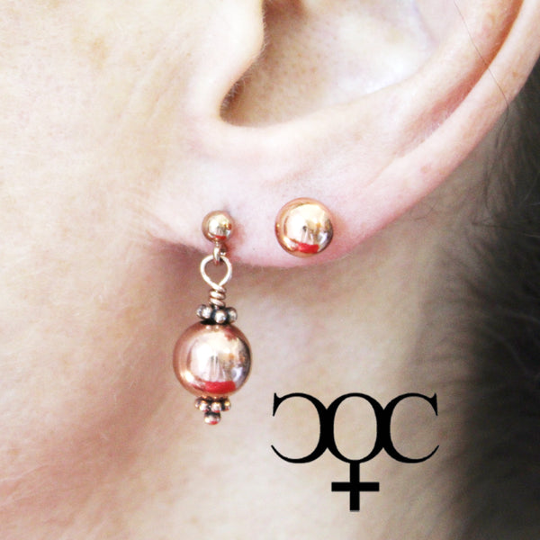 Copper Bauble Drop Earrings EC9M Solid Copper 9mm Round Ornate Bead Earrings