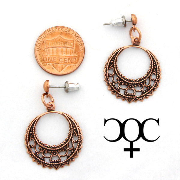 Filigree Crescent Copper Hoop Earrings EC48 Solid Copper Drop Earrings