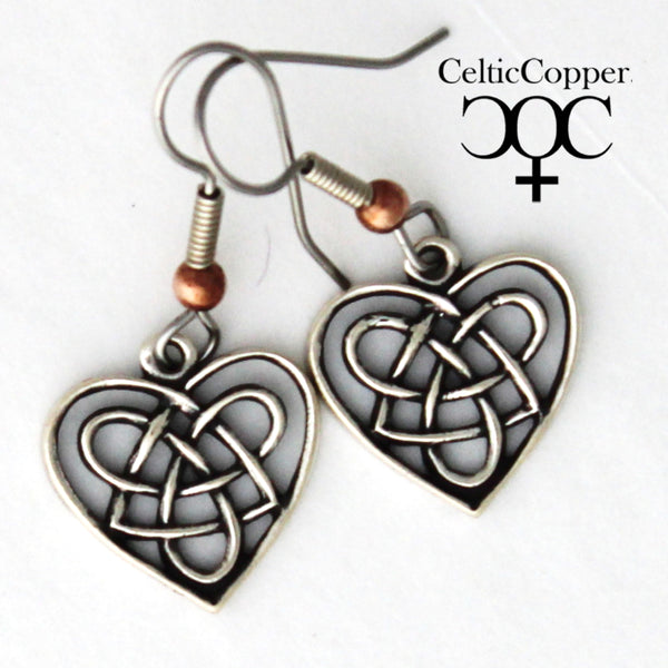 Sterling Silver Celtic Knotwork Heart Earrings Solid Silver Heart Shaped Drop Earrings
