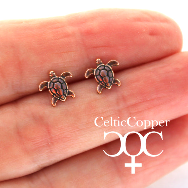 Copper Sea Turtle Stud Earrings With Hypoallergenic Steel Earring Posts Copper Turtle Earring Studs