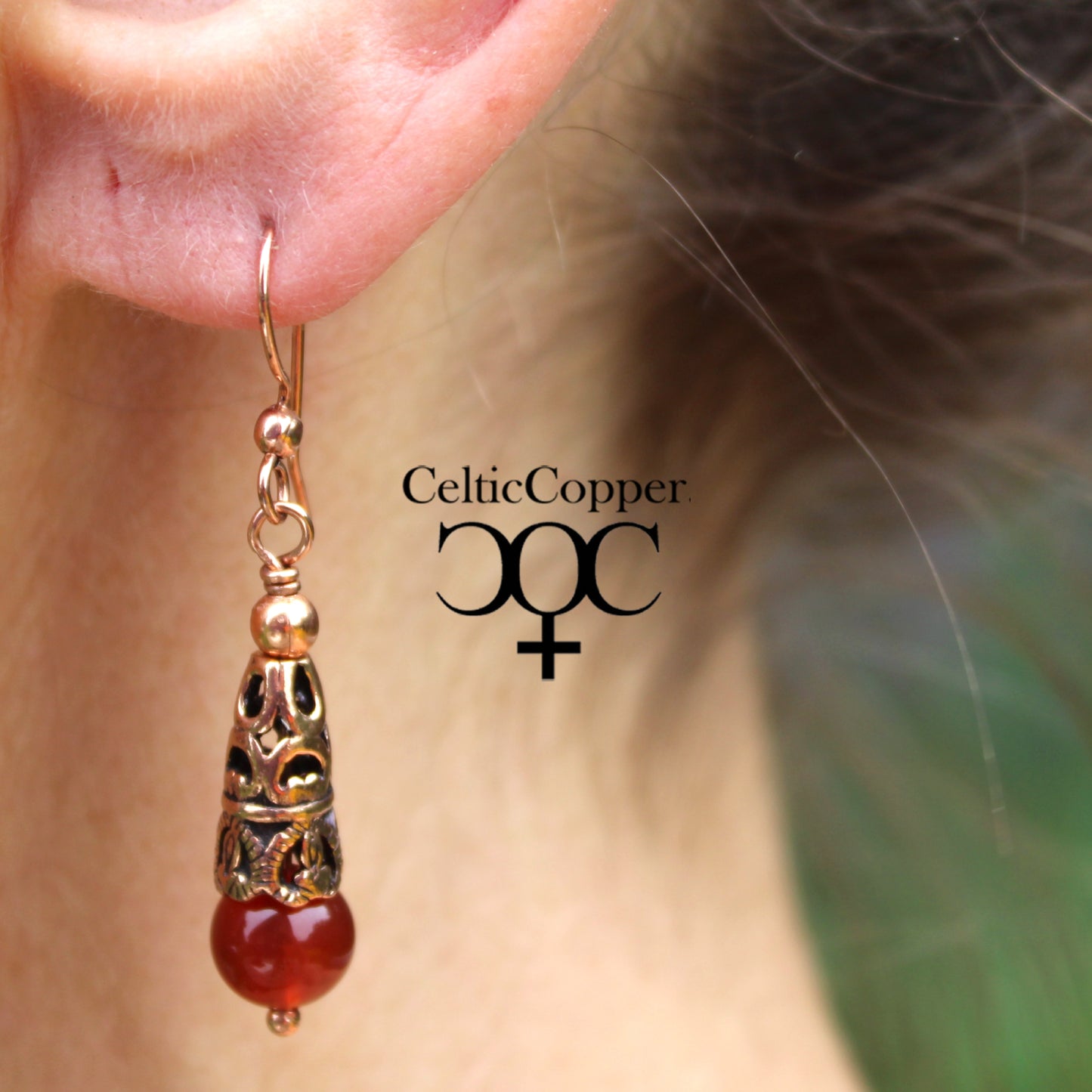 Copper Carnelian Earrings With Handmade Vintage Copper Cone Beads 8mm Carnelian Agate Earrings