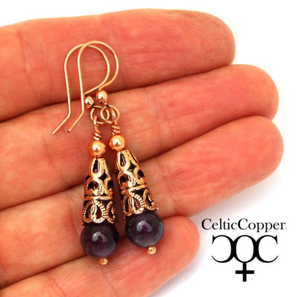 Copper Amethyst Earrings With Handmade Vintage Copper Cone Beads 8mm Natural Amethyst Bead Earrings