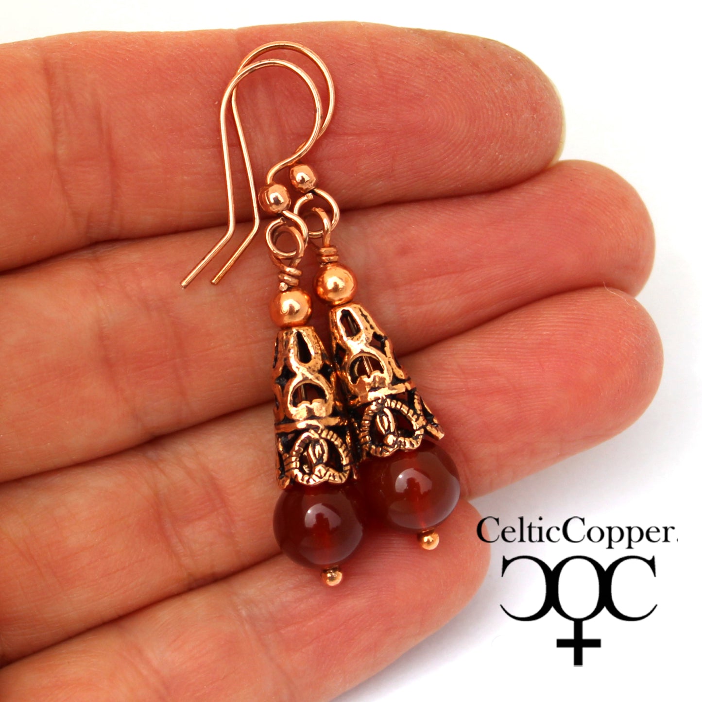 Copper Carnelian Earrings With Handmade Vintage Copper Cone Beads 8mm Carnelian Agate Earrings