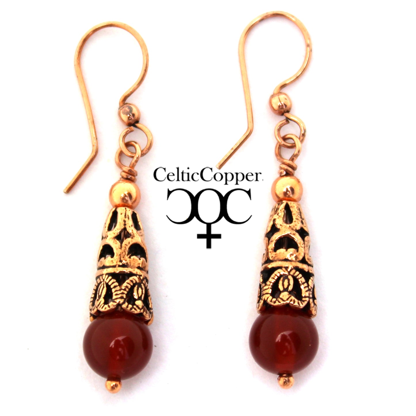 Copper Carnelian Earrings With Handmade Vintage Copper Cone Beads 8mm Carnelian Agate Earrings