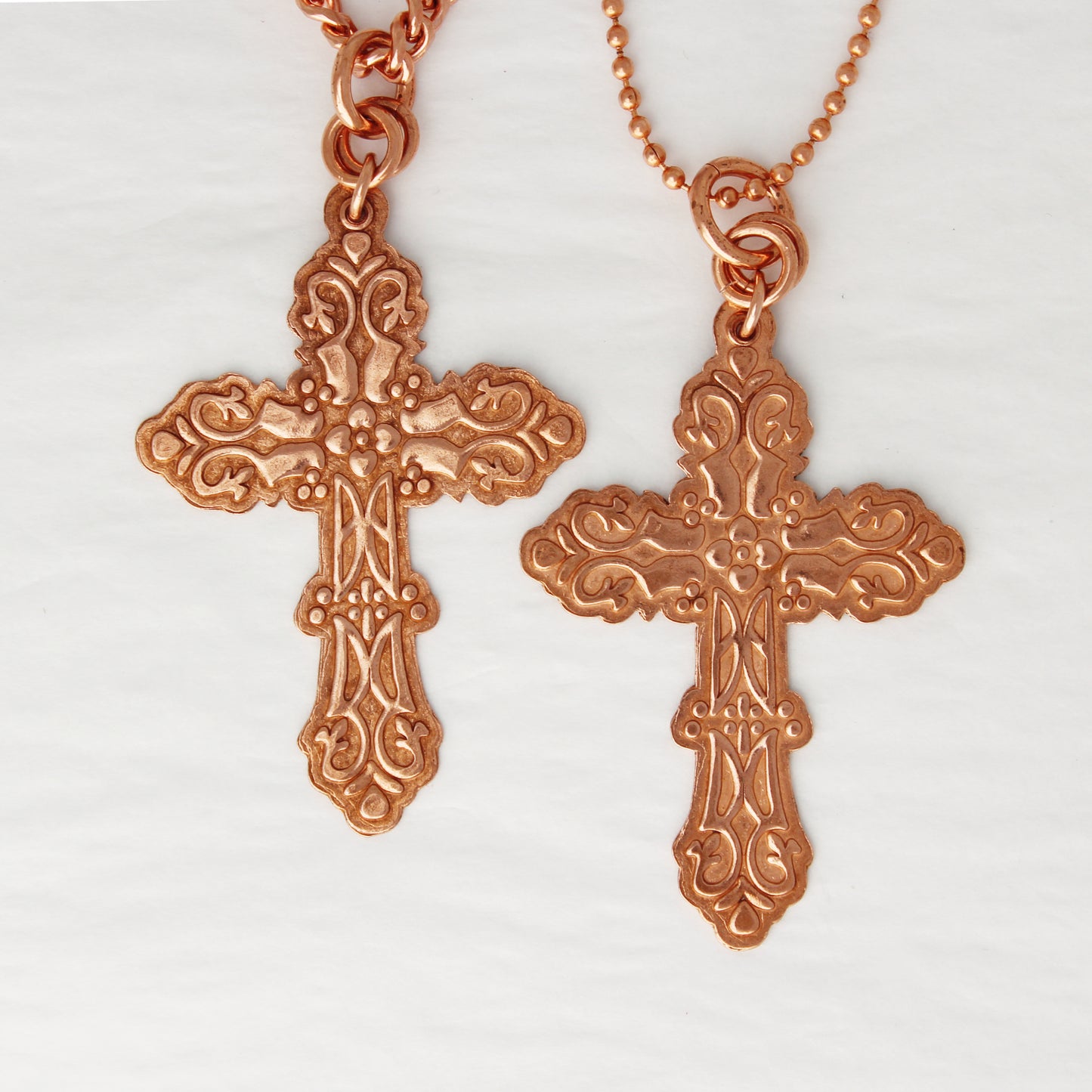 Copper Cross Necklace Large Embossed Pure Copper Cross Pendant 2.4mm Bead Curb Chain Necklace