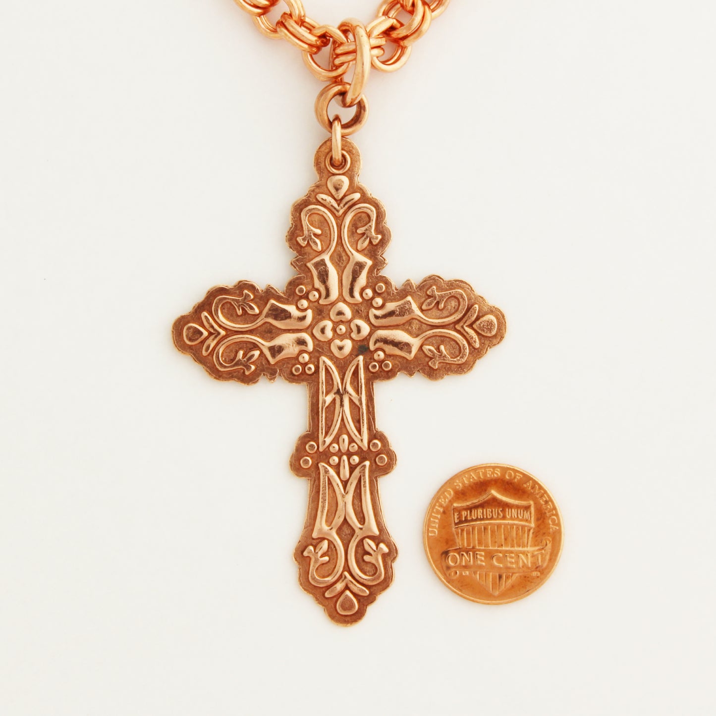 Copper Cross Necklace Large Embossed Pure Copper Cross Pendant 7mm Double Cable Chain Necklace