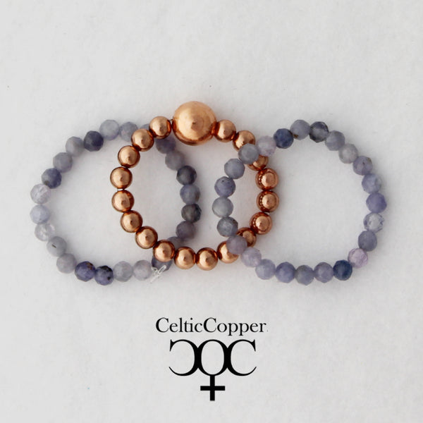 Beaded Copper Ring Set Pure Healing Copper Violet Blue Tanzanite 3 Piece Beaded Elastic Ring Set