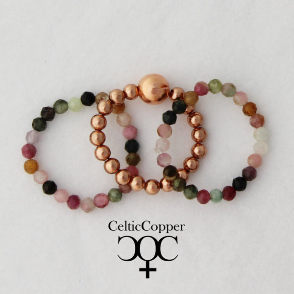 Beaded Copper Ring Set Pure Healing Copper Multi Colored Tourmaline 3 Piece Beaded Elastic Ring Set