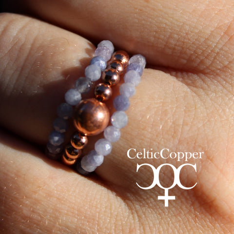Beaded Copper Ring Set Pure Healing Copper Violet Blue Tanzanite 3 Piece Beaded Elastic Ring Set