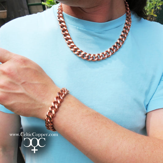 Copper Necklace Chain Set For Men Heavy 13mm Duty 20" Curb Chain Necklace And Matching Bracelet