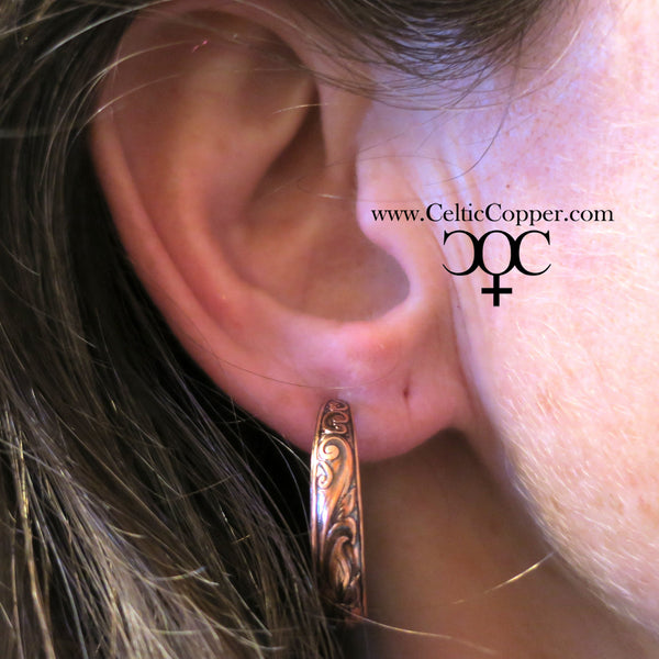 Floral Embossed Copper Hoop Earrings EC80 Solid Copper Jewelry Post Style Copper Hoop Earrings