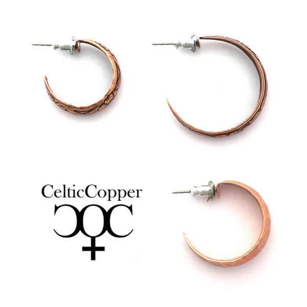 Copper Hoop Earrings EC84 Solid Copper Hoop Earrings 18mm Textured Ribbon Wrapped Floral Pattern Copper Hoop Earrings