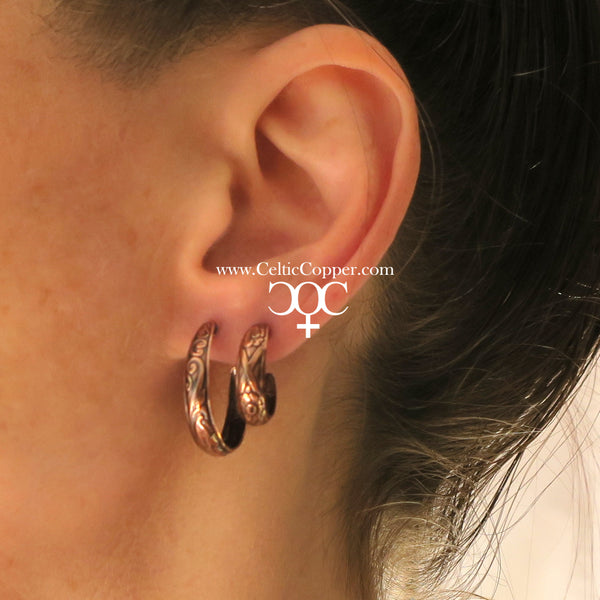Copper Hoop Earrings EC84 Solid Copper Hoop Earrings 18mm Textured Ribbon Wrapped Floral Pattern Copper Hoop Earrings