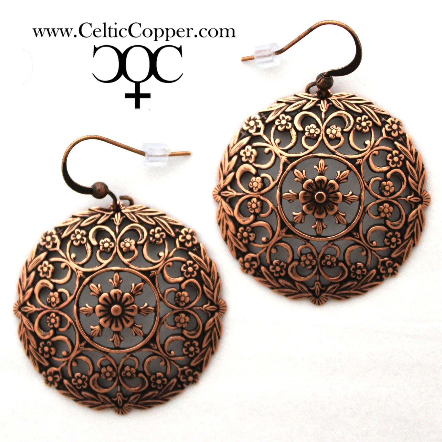 Round Copper Mandala Earrings Large 35mm Open Florentine Style Solid Copper Drop Earrings