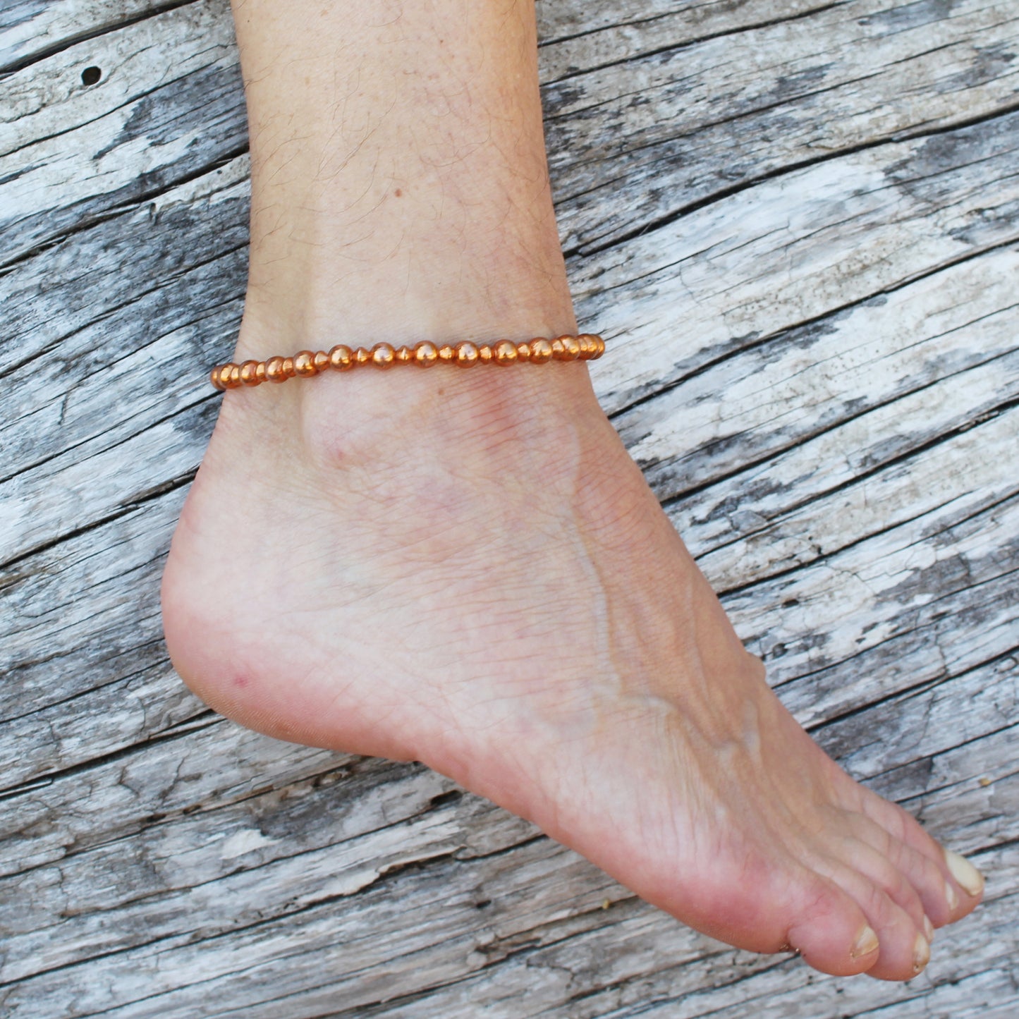 Copper Beaded Ankle Bracelet Easy Stretch Elastic Anklet Shiny Pure Copper 6mm Round Beads Conical