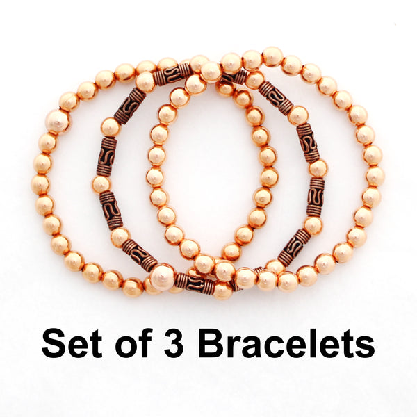 Set of 3 Copper Beaded Bracelets Round Beaded Elastic Bracelets Handmade Vintage Copper Bracelet