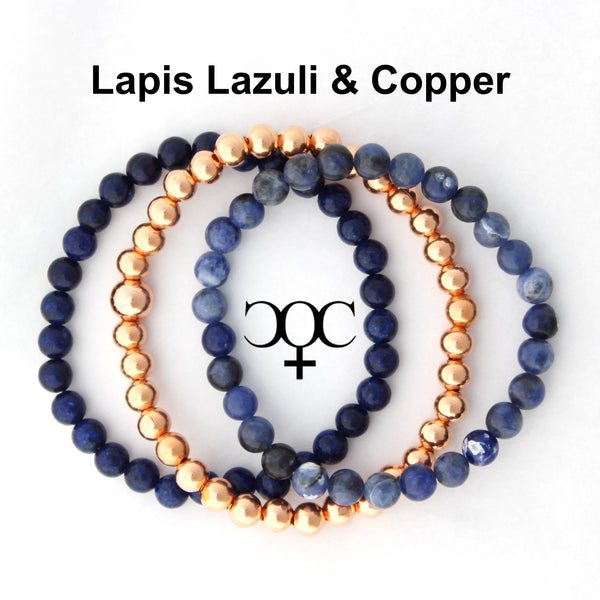 Lapis Lazuli Copper Bracelet Set Round Beaded Elastic Midnight Blue Copper Bracelets 3 Piece Set