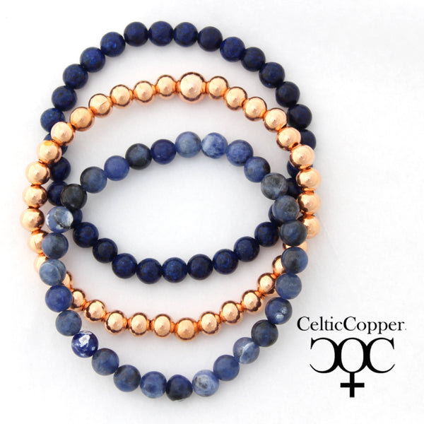 Lapis Lazuli Copper Bracelet Set Round Beaded Elastic Midnight Blue Copper Bracelets 3 Piece Set
