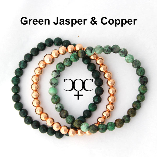 African Green Jasper Copper Bracelet Set Round Beaded Gemstone Elastic Copper Bracelets 3 Piece Set