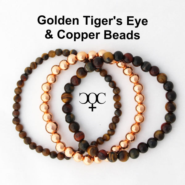 Tiger Eye Copper Bracelet Set Round Beaded Elastic Golden Tiger Eye Copper Bracelets 3 Piece Set