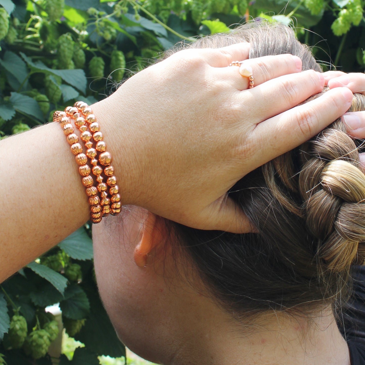 Fluted Copper Beaded Bracelet Easy Wear Elastic Stretch Bracelet Corrugated 6mm Round Pure Copper Beads