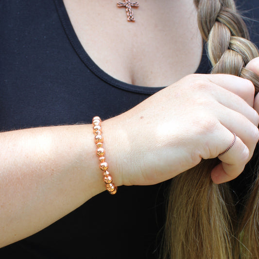 Copper Beaded Bracelet Pure Copper Elastic Stretch Bracelet 6mm Shiny Round And Cone Shaped Beads