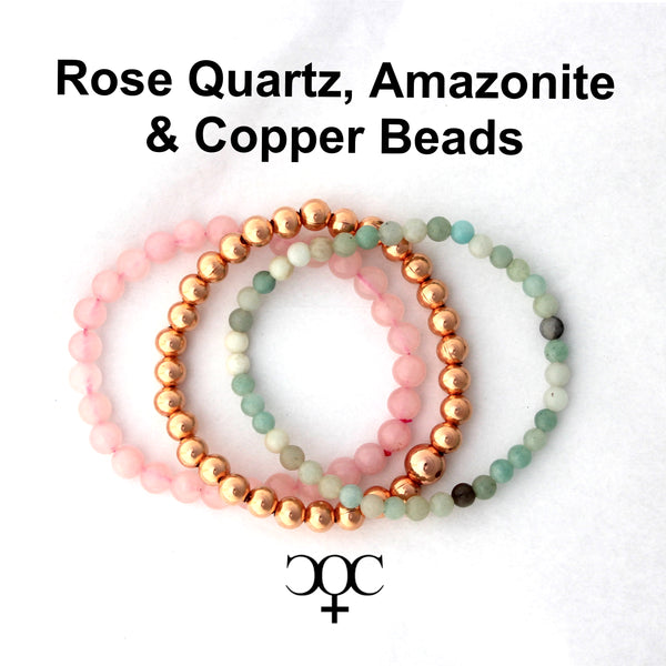 Rose Quartz Copper Bracelet Set Round Beaded Elastic Flower Amazonite Copper Bracelets 3 Piece Set