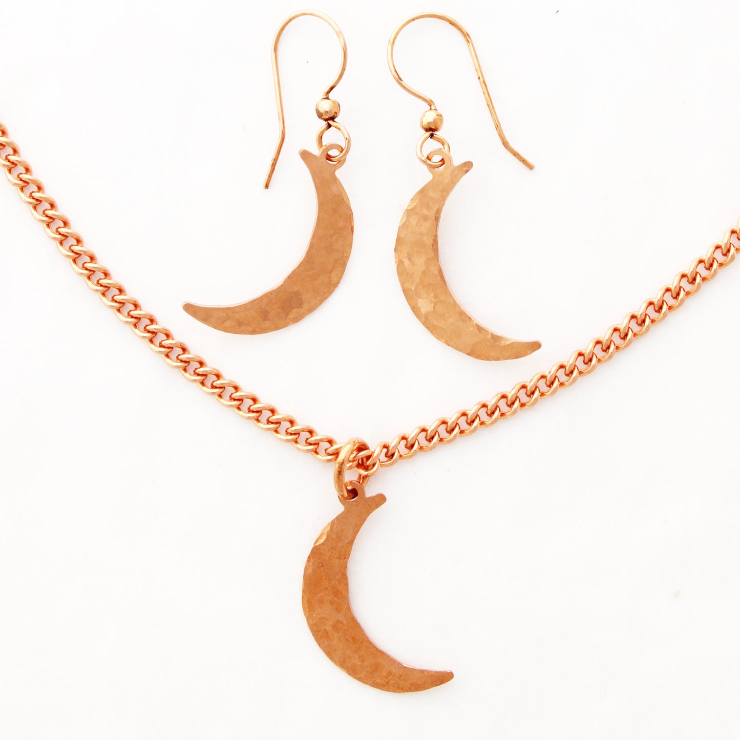 Luna Crescent Moon Copper Necklace Set Solid Copper Hammered Moon Pendant Chain Matching Earrings