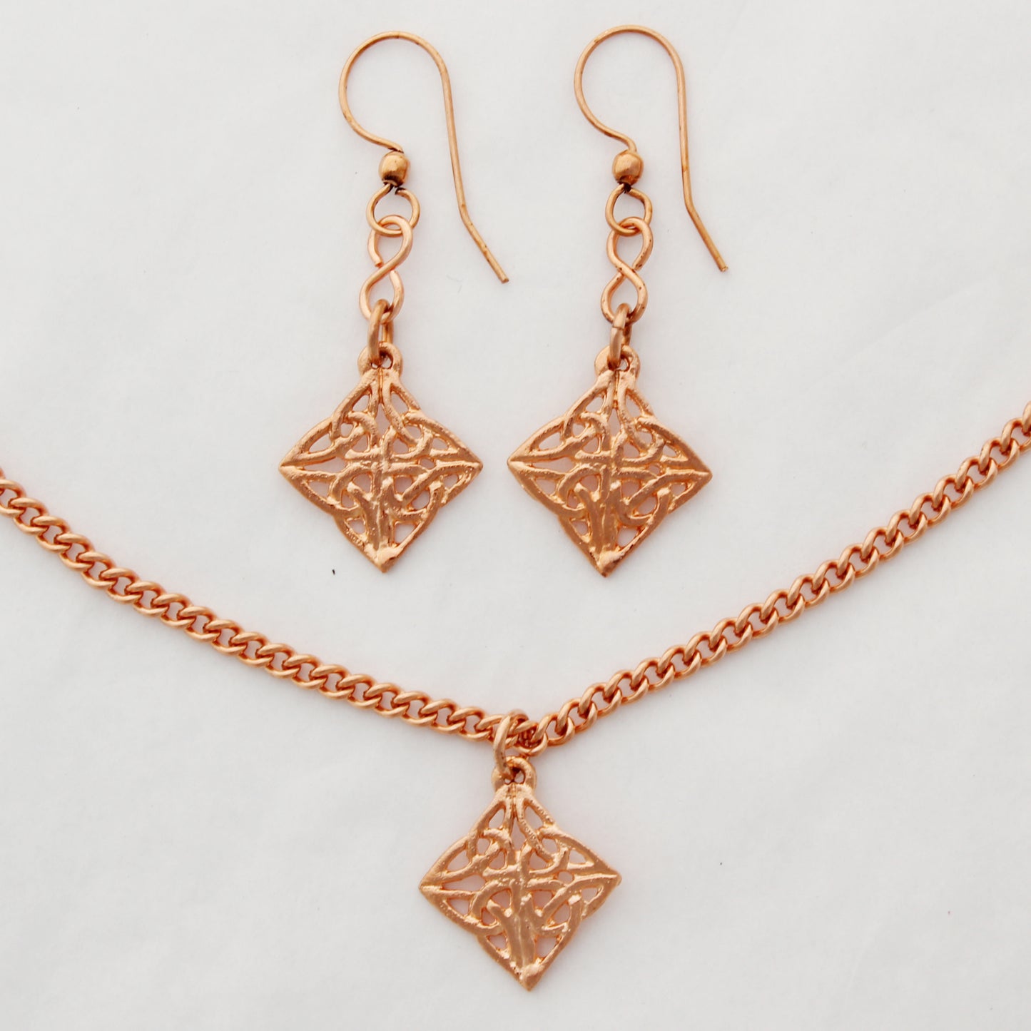Celtic Knotwork Diamond Charm Necklace Set Solid Copper Pendant Necklace With Matching Earrings