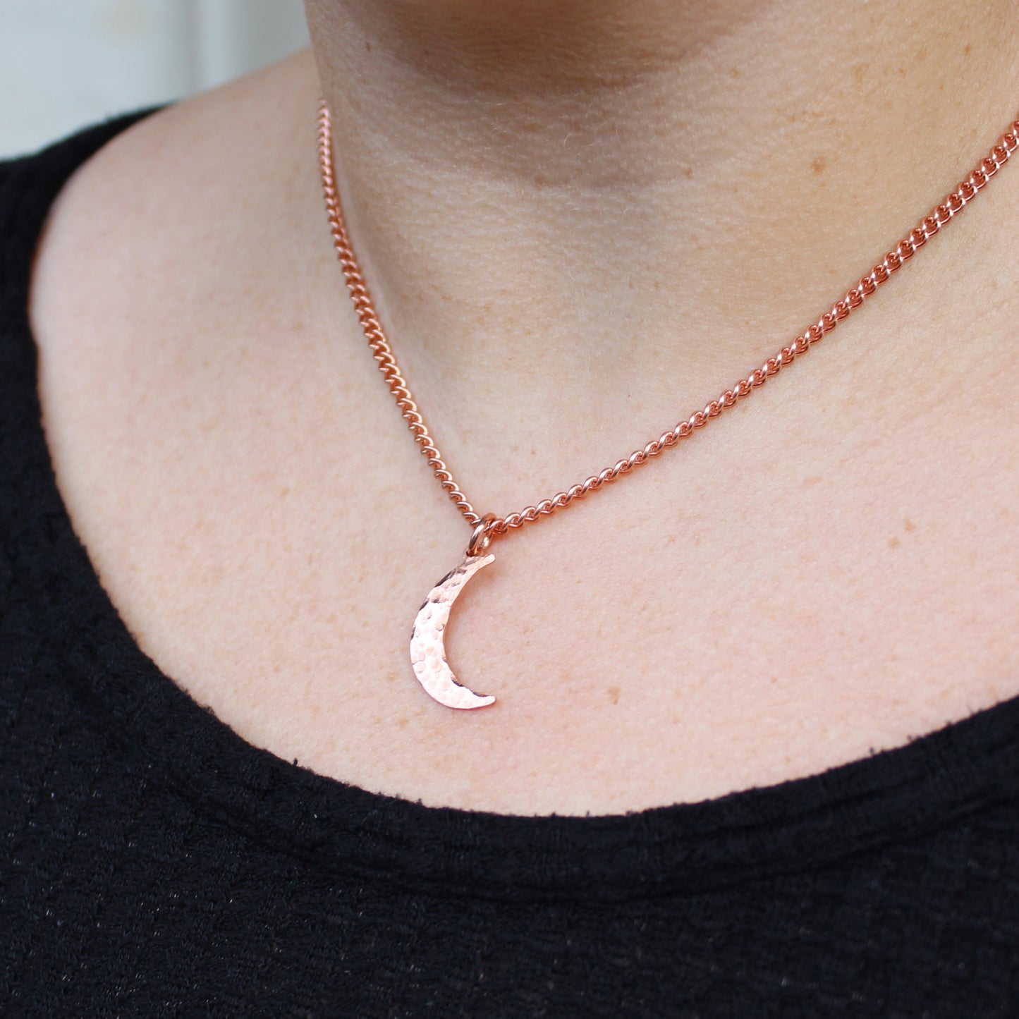 Luna Crescent Moon Copper Necklace Set Solid Copper Hammered Moon Pendant Chain Matching Earrings