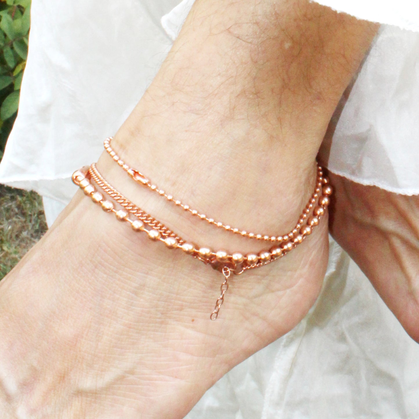 Solid Copper Anklet Set Fine Copper Bead Chain Ankle Bracelets ACC2S Pure Copper 2.4mm Bead Chain Anklet Set