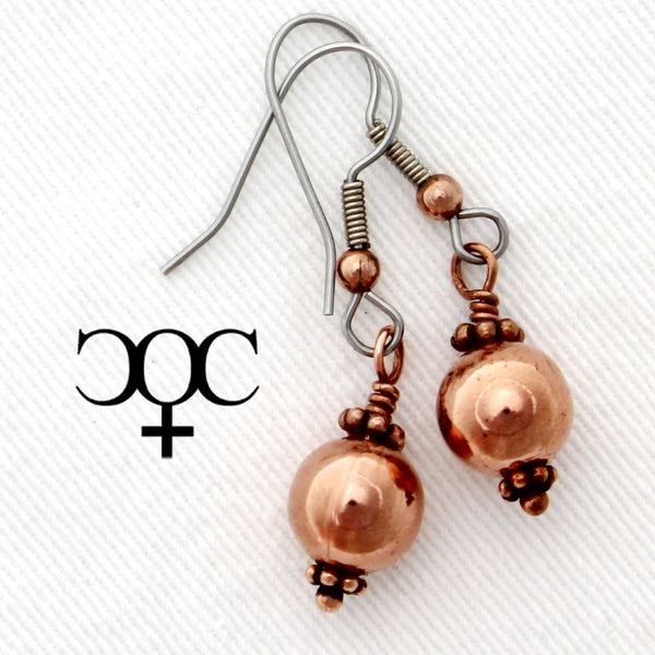 Copper Bauble Drop Earrings EC9M Solid Copper 9mm Round Ornate Bead Earrings