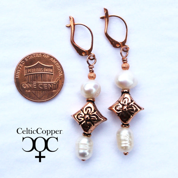 Freshwater Pearl And Vintage Handmade Copper Bead Earrings Baroque Keshi Nugget Pearl Drop Earrings