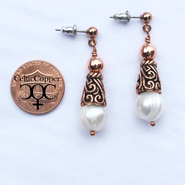Scrolled Copper And Freshwater Pearl Earrings Large 10mm Creamy White Cultured Pearl Drop Earrings