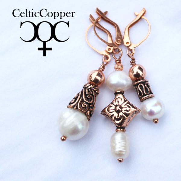 Vintage Handmade Copper Bead And Freshwater Pearl Earrings Copper Drop Keshi Potato Pearl Earrings
