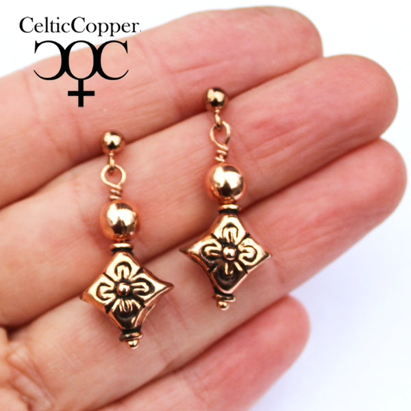 Copper Bead Drop Earrings 14mm Copper Diamond Bead Earrings Post French Wire Lever Back Earrings