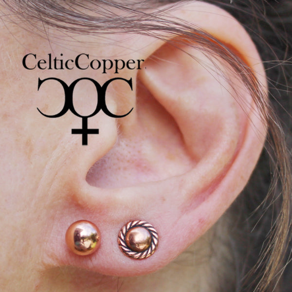 Copper Stud Earrings 2 Pair Set Round Copper Ball Studs Rope Edge Stud Earrings