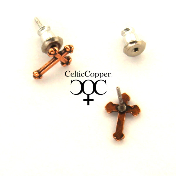 Copper Stud Earrings 2 Pair Set Copper Ball Studs And Copper Florentine Cross Earrings