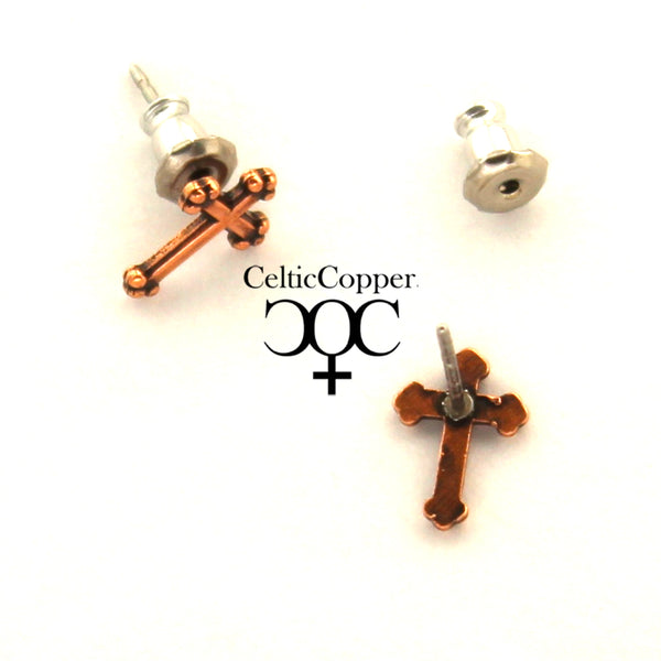 Copper Stud Earrings 2 Pair Set Copper Florentine Cross Earring Studs with Hypoallergenic Steel Post and Clutches