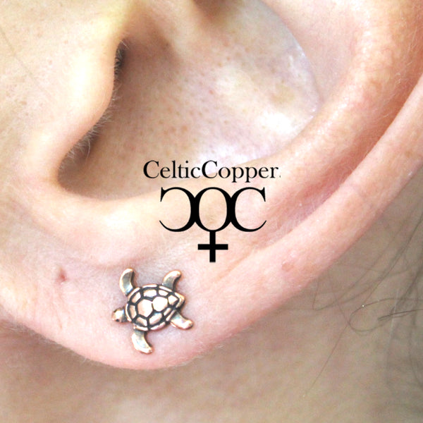 Copper Sea Turtle Stud Earrings With Hypoallergenic Steel Earring Posts Copper Turtle Earring Studs