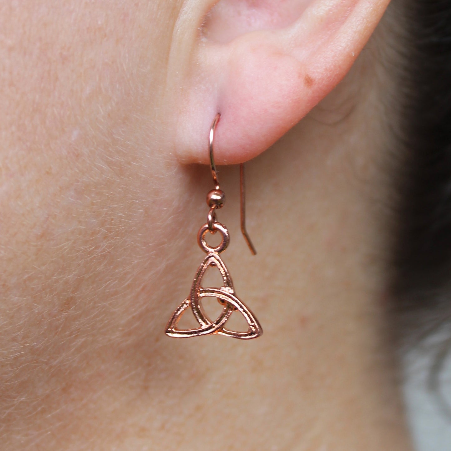 Copper Trinity Drop Charm Earrings Trilogy Power of 3 Mind Body Spirit Solid Copper Triquetra Earrings