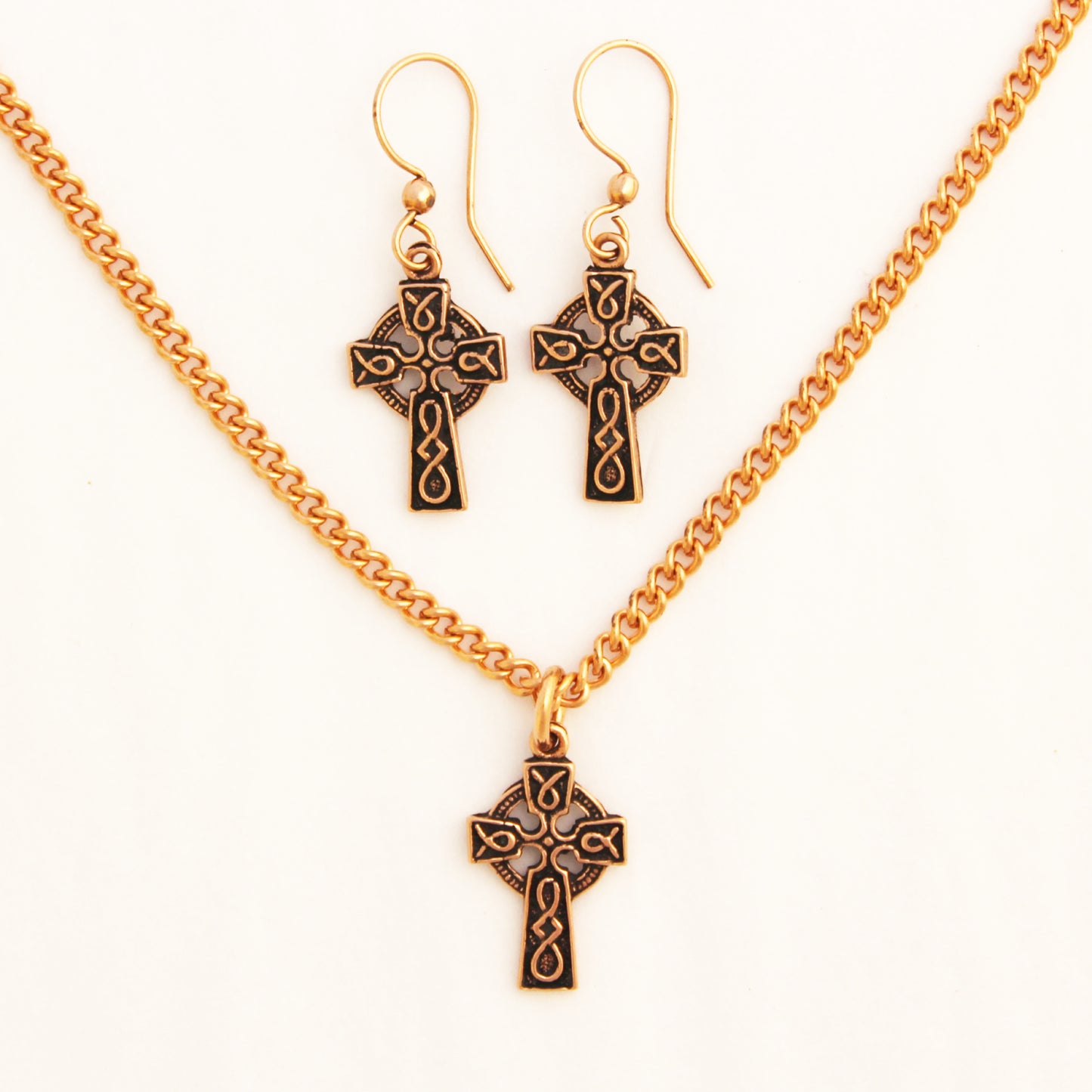 Celtic Cross Necklace Set Solid Copper Pendant Necklace Chain Matching Celtic Cross Shaped Earrings