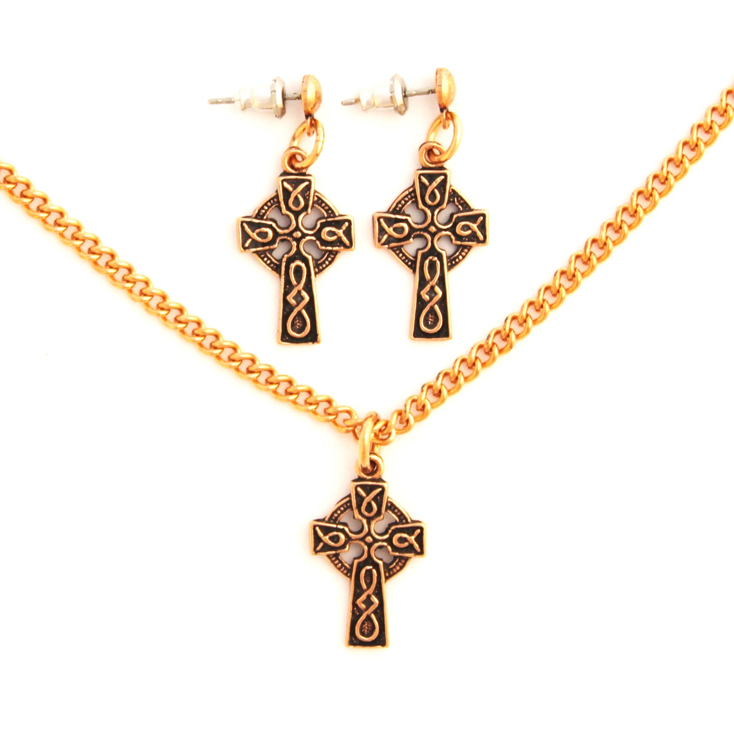 Celtic Cross Necklace Set Solid Copper Pendant Necklace Chain Matching Celtic Cross Shaped Earrings