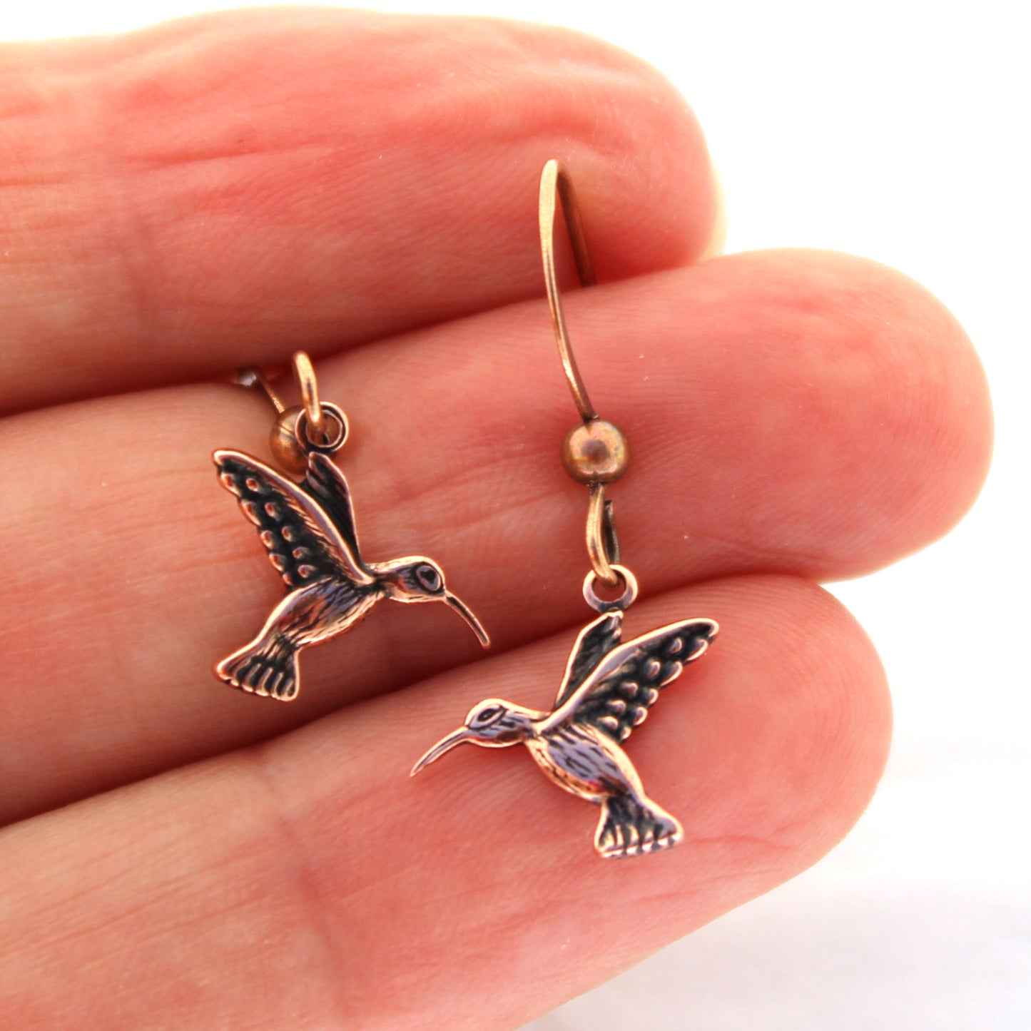 Copper Hummingbird Charm Earrings On Post Or Wire Earrings