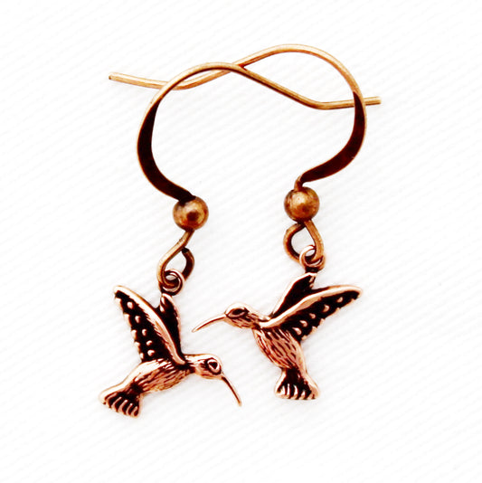 Copper Hummingbird Charm Earrings On Post Or Wire Earrings