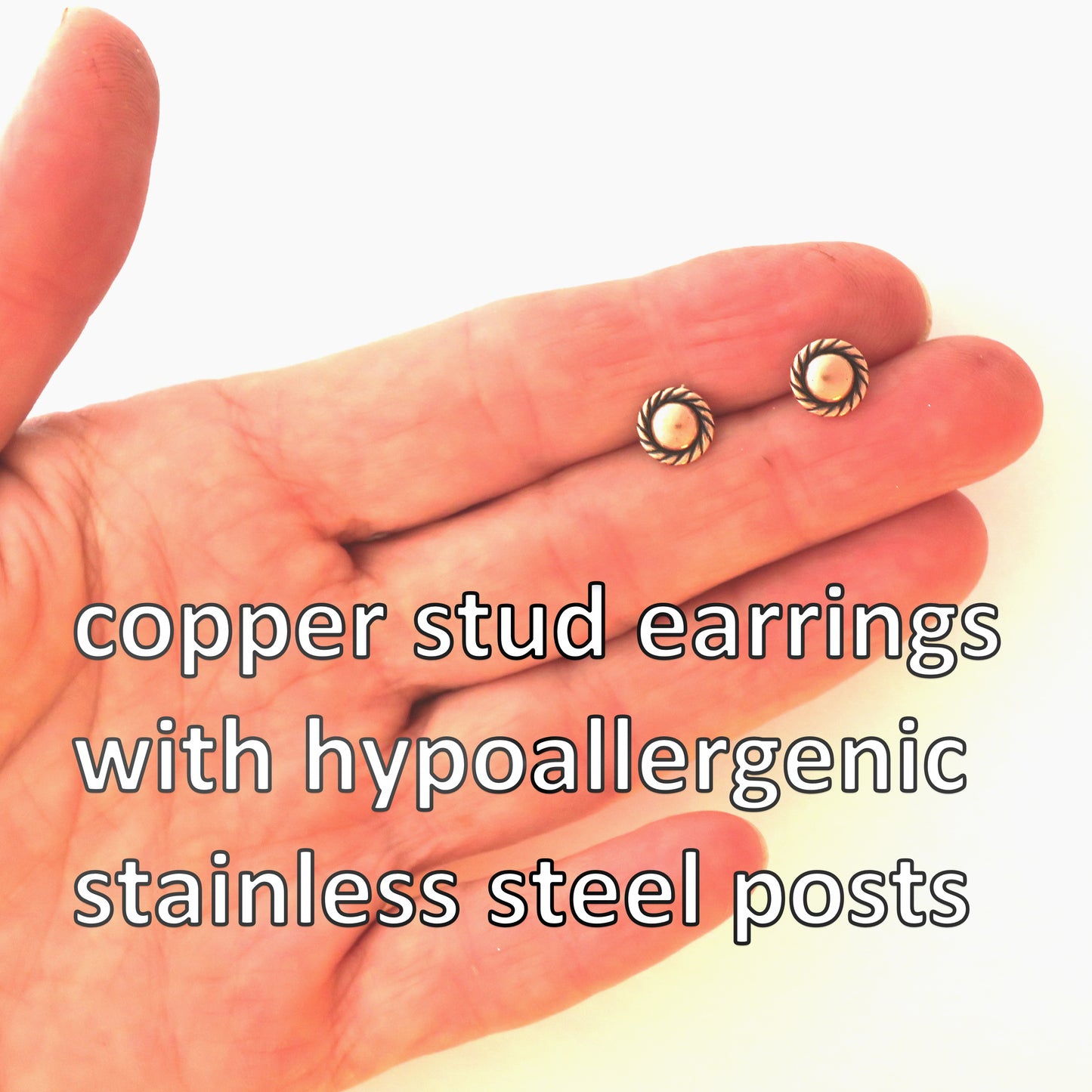 Rope Edged Copper Earring Studs Solid Copper Jewelry Post Earrings with Hypoallergenic Steel Posts