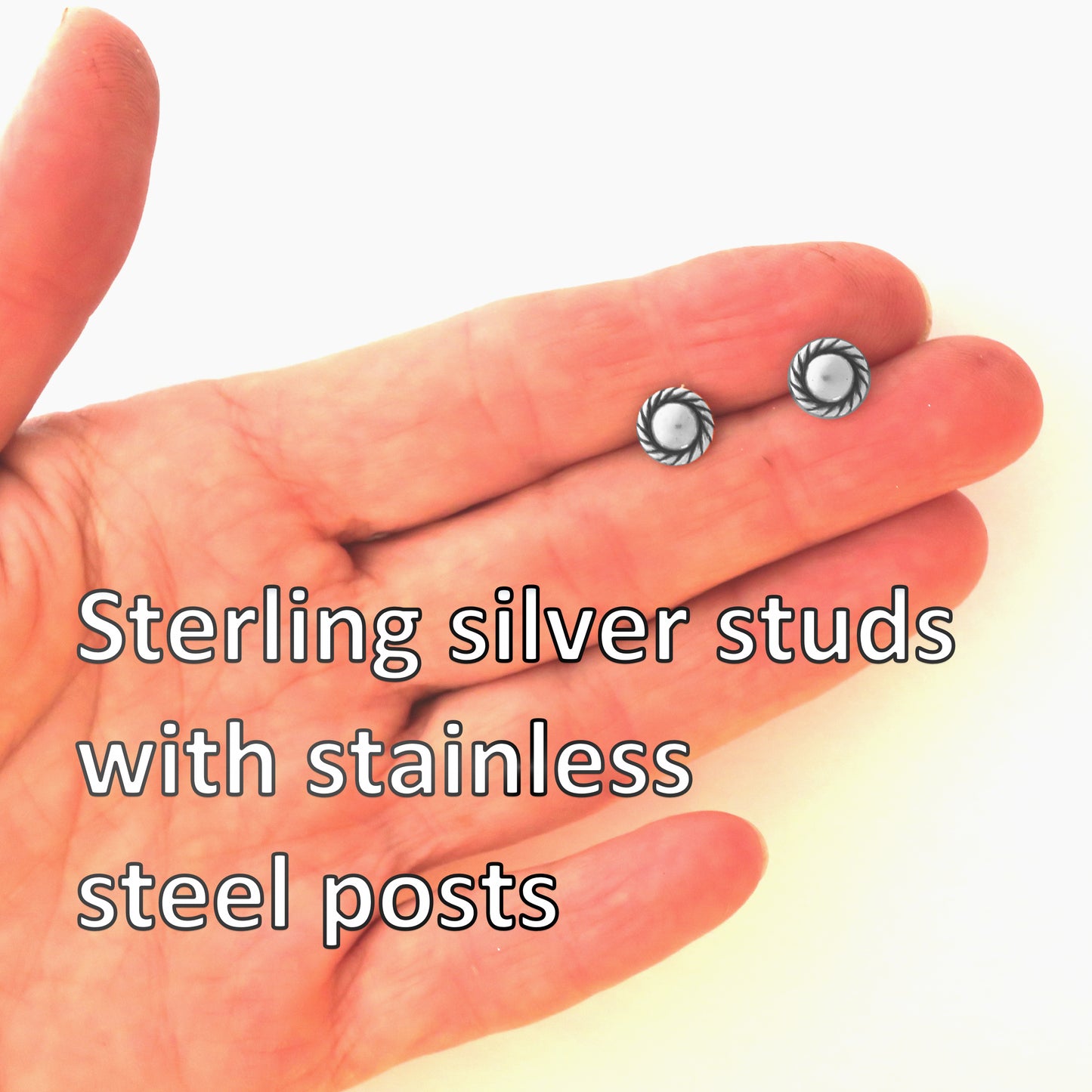 Rope Edged Silver Earring Studs Solid Silver Jewelry Post Earrings with Hypoallergenic Steel Posts